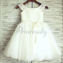 $69 VENDA: Marfim Lace Cap mangas Tulle Flor menina vestido com Marfim Sash