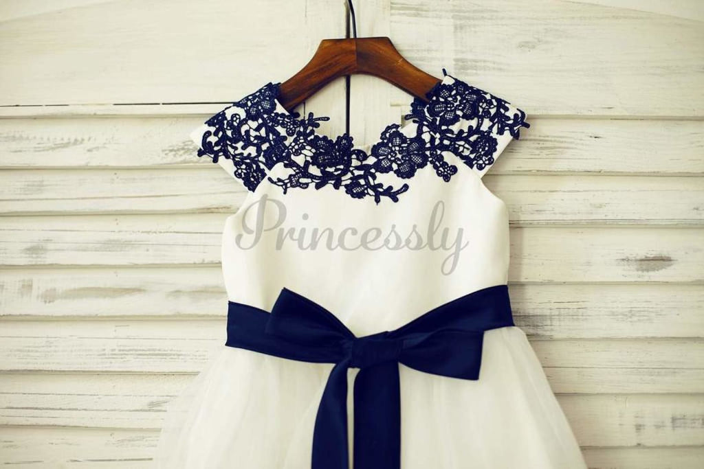 $15 SALE: Navy Blue Lace Ivory Satin Organza Flower Girl