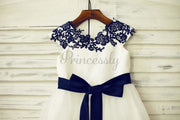 $15 SALE: Navy Blue Lace Ivory Satin Organza Flower Girl