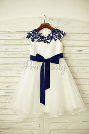 $15 SALE: Navy Blue Lace Ivory Satin Organza Flower Girl 