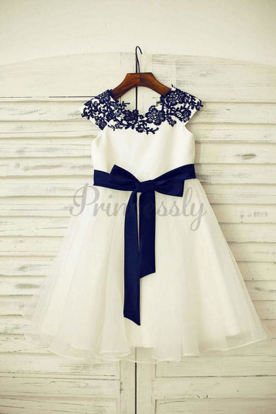 $15 SALE: Navy Blue Lace Ivory Satin Organza Flower Girl