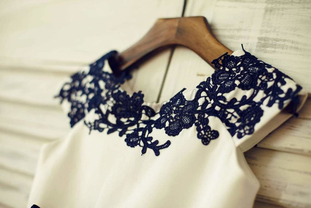 $15 SALE: Navy Blue Lace Ivory Satin Organza Flower Girl