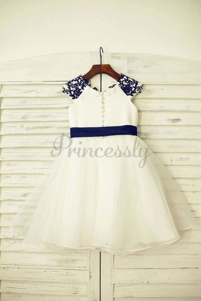 $15 SALE: Navy Blue Lace Ivory Satin Organza Flower Girl