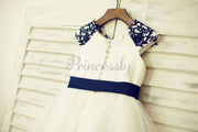 $15 SALE: Navy Blue Lace Ivory Satin Organza Flower Girl