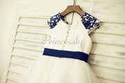 $15 SALE: Navy Blue Lace Ivory Satin Organza Flower Girl 