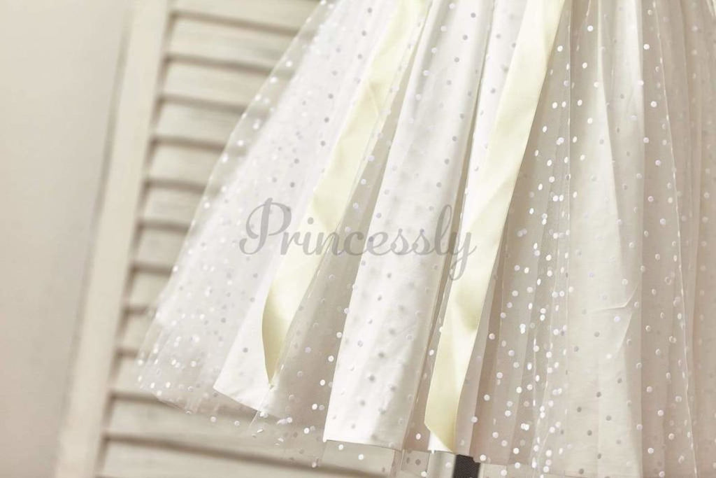 $15 SALE: Sheer Neck Polka Dot Tulle Flower Girl Dress with