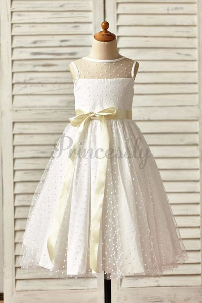 $15 SALE: Sheer Neck Polka Dot Tulle Flower Girl Dress with