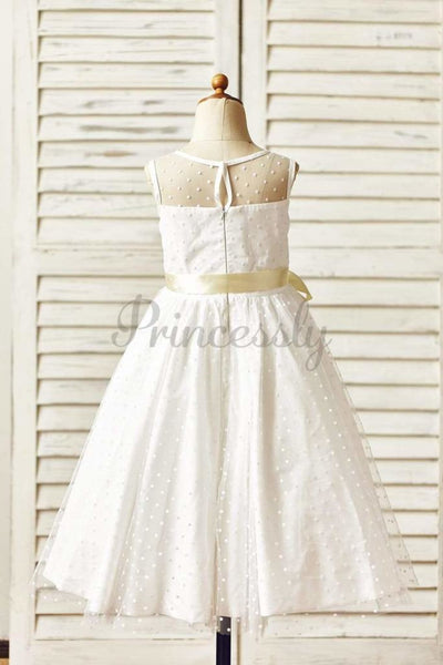 $15 SALE: Sheer Neck Polka Dot Tulle Flower Girl Dress with 