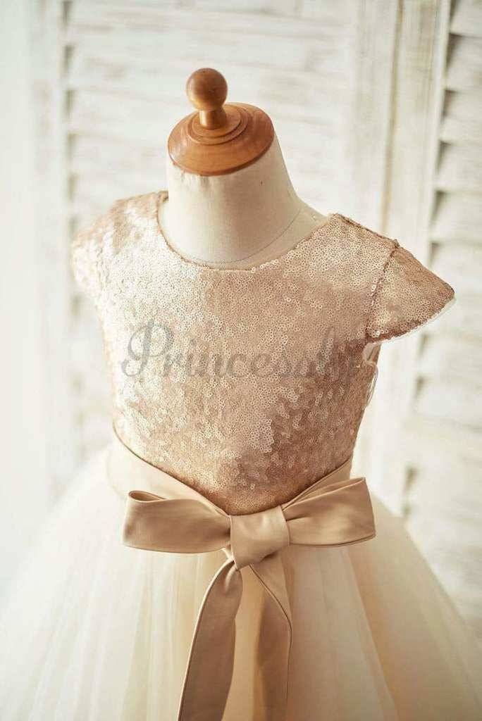 $15 SALE: Champagne Sequin Tulle Flower Girl Dress with Cap