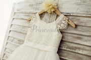 $15 SALE: Lace Cap Sleeves Ivory Tulle TUTU Flower Girl 