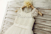 $15 SALE: Lace Cap Sleeves Ivory Tulle TUTU Flower Girl