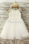 $75 VENTA: Cap de encaje mangas de marfil Tulle TUTU vestido de chica de flores