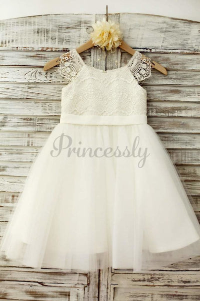 $15 SALE: Lace Cap Sleeves Ivory Tulle TUTU Flower Girl 