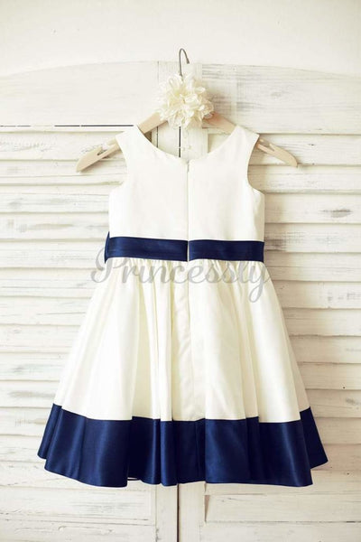 $15 SALE: Ivory Satin Flower Girl Dress with Navy Blue Belt