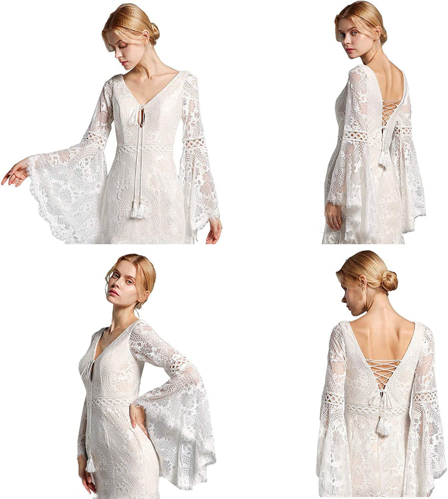 Boho pizzo manica lunga campana V collo Mermaid Sweep pizzo abito da sposa