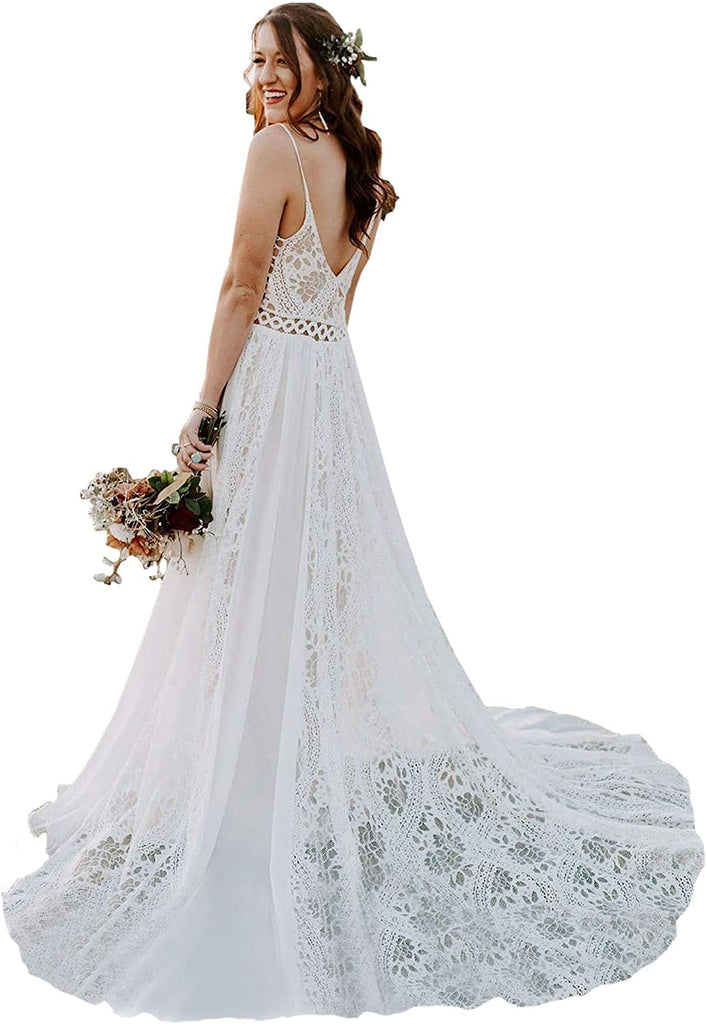 Bohemian Spaghetti Riemen V-Ausschnitt Lace-up Court Spitze Brautkleid