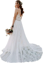 Bohemian Spaghetti Riemen V-Ausschnitt Lace-up Court Spitze Brautkleid