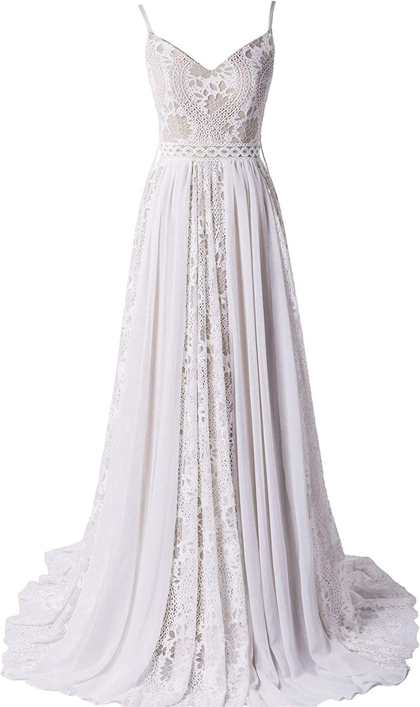 Bohemian Spaghetti Riemen V-Ausschnitt Lace-up Court Spitze Brautkleid