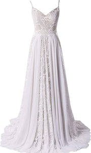 Bohemian Spaghetti Straps V-neck Lace-up Court Lace Wedding Dress