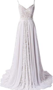 Bohemian Spaghetti Riemen V-Ausschnitt Lace-up Court Spitze Brautkleid