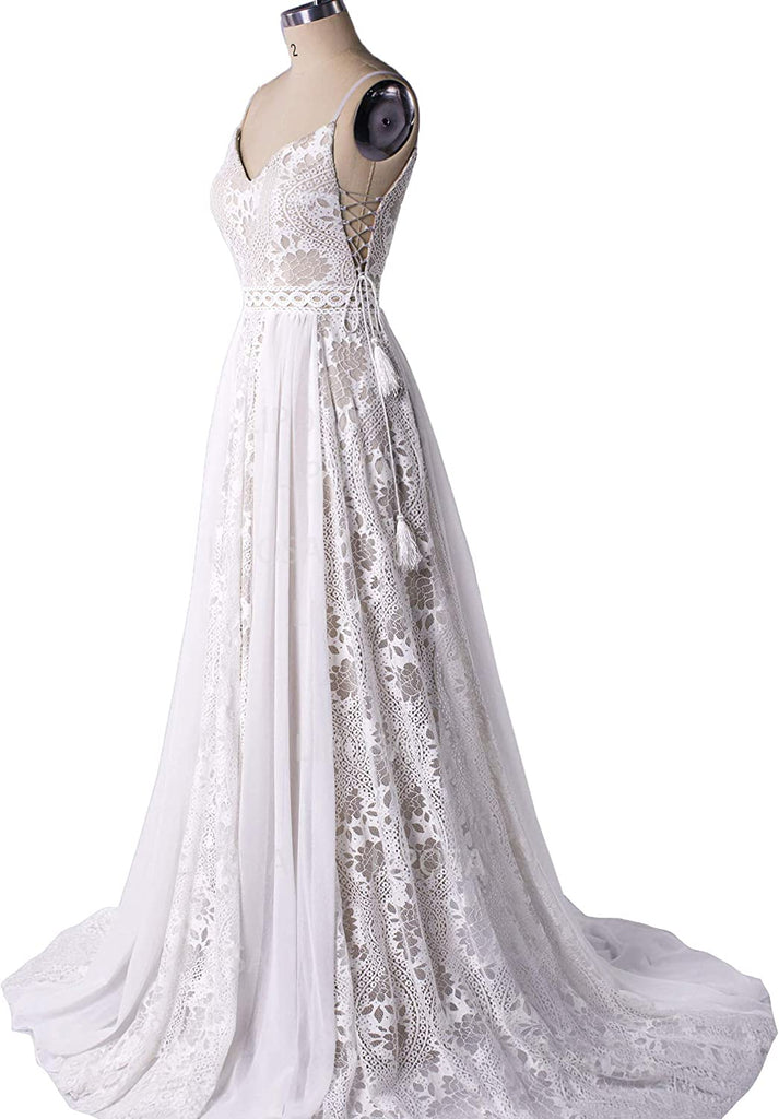 Bohemian Spaghetti Riemen V-Ausschnitt Lace-up Court Spitze Brautkleid