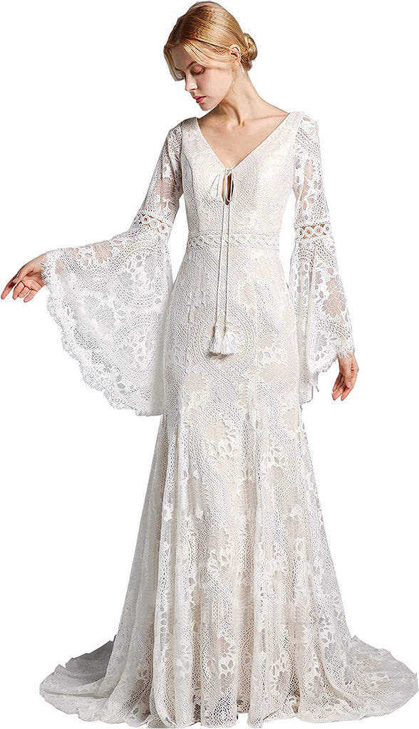 Boho pizzo manica lunga campana V collo Mermaid Sweep pizzo abito da sposa