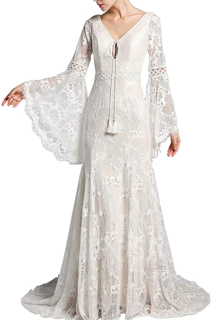 Boho pizzo manica lunga campana V collo Mermaid Sweep pizzo abito da sposa