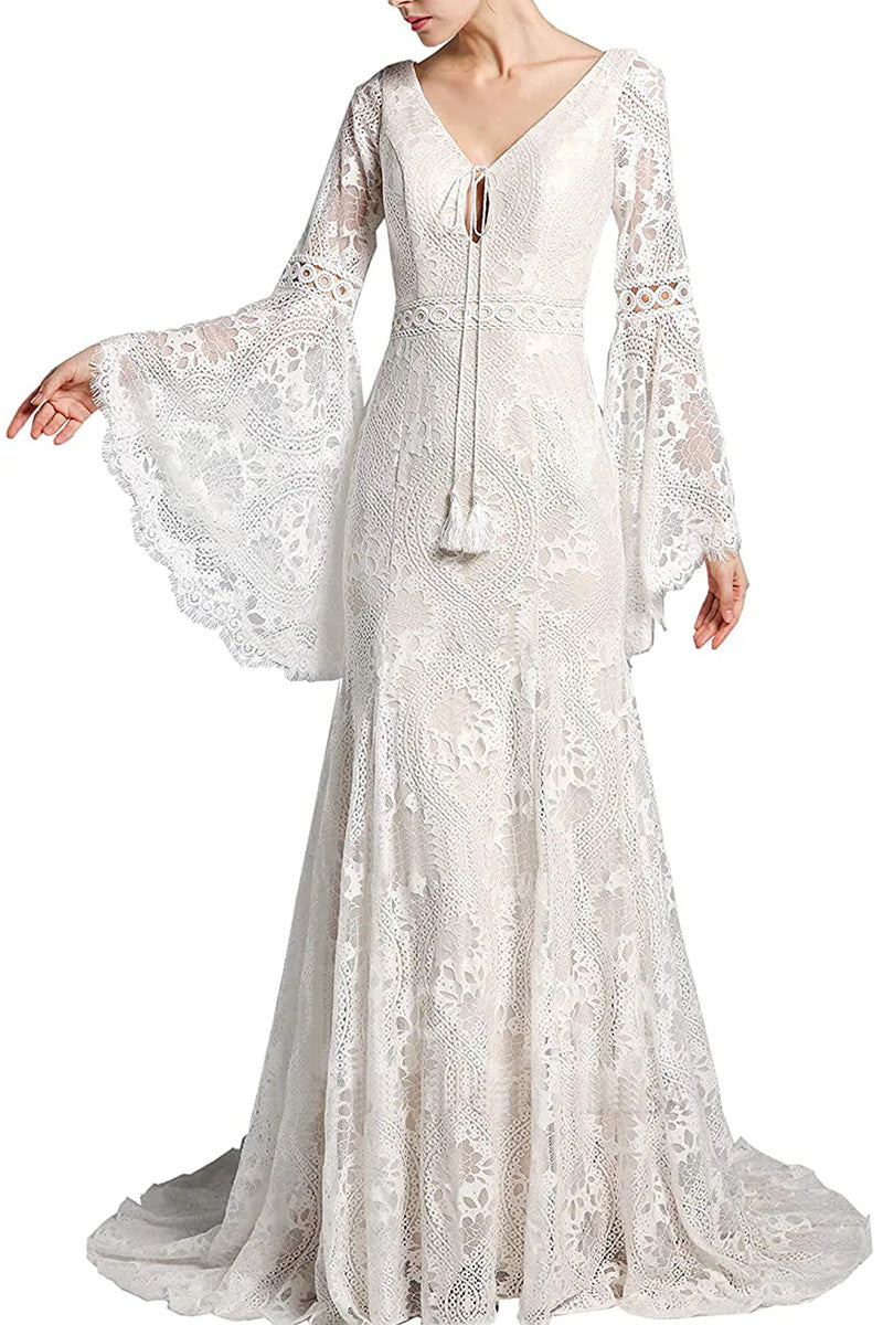 Boho Lace Long Bell Sleeves V Neck Mermaid Sweep Lace Wedding Dress ...