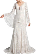 Boho Lace Long Bell Sleeves V Neck Mermaid Sweep Lace Wedding Dress