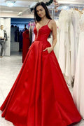 A-Line Prom Dresses Minimalist Dress Formal Floor Length Sleeveless V Neck Pocket Satin with Pleats 2024