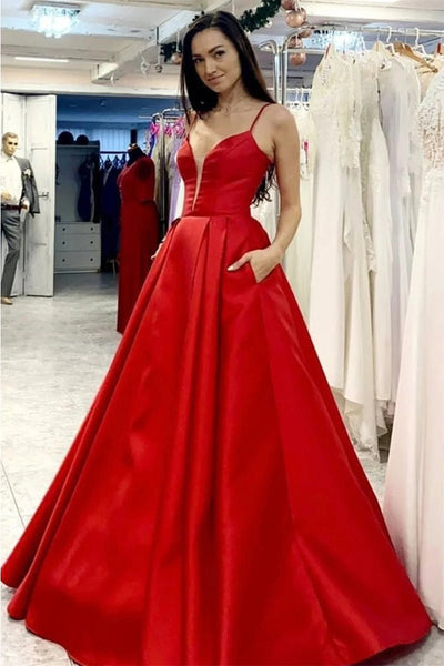 A-Linie Abschlussballkleider Minimalistisches Kleid Formal Bodenlang Ärmellos V-Ausschnitt Tasche Satin mit Falten