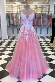 A-Line Prom Dresses Princess Dress Formal Floor Length Sleeveless V Neck Tulle with Pleats Appliques