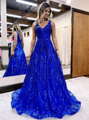 A-Line Prom Dresses Sparkle & Shine Dress Formal Floor Length Sleeveless V Neck Sequined V Back with Sequin