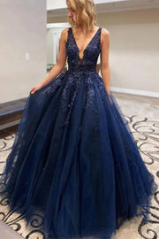 A Col V Dark Robes de Dentelle Bleue, Robes de Soirée Formale Dentelle Bleu foncée