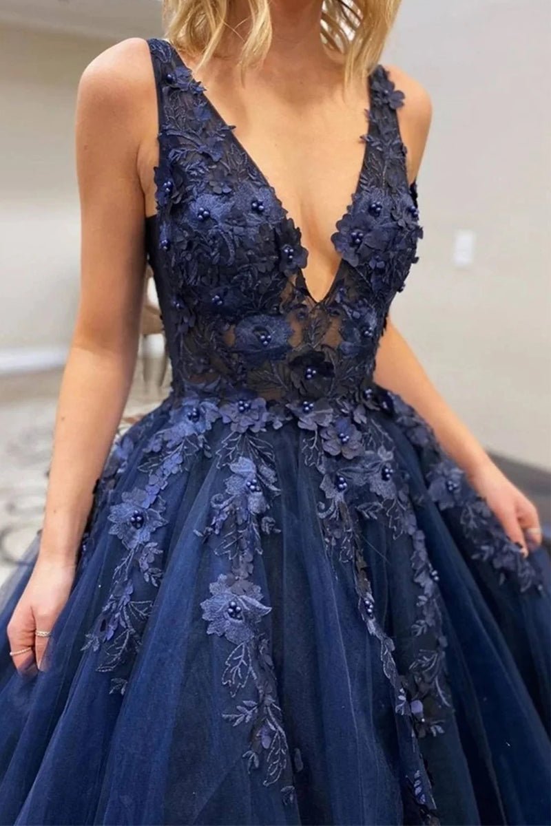 A Line V Neck Dark Blue Lace Beaded Prom Dresses, Dark Blue Lace Long - Princessly A Line V Neck Dark Blue Lace Beaded Prom Dresses, Dark Blue Lace Long - Princessly