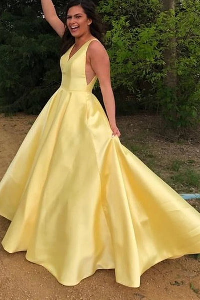 A Line V Neck Yellow Satin Long Prom Dresses with Pocket, Long V Neck Yellow Formal Evening Dresses