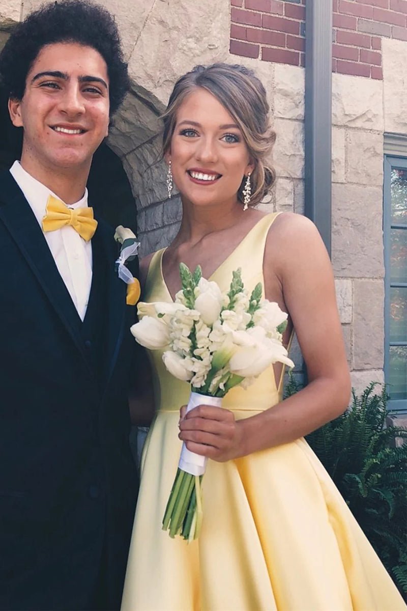 A Line V Neck Yellow Satin Long Prom Dresses with Pocket, Long V Neck Yellow Formal Evening Dresses A Line V Neck Yellow Satin Long Prom Dresses with Pocket, Long V Neck Yellow Formal Evening Dresses