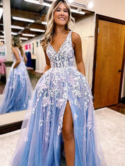 A-Line/Princess Tulle Applique V-neck mangas varredura / escova de trem vestidos
