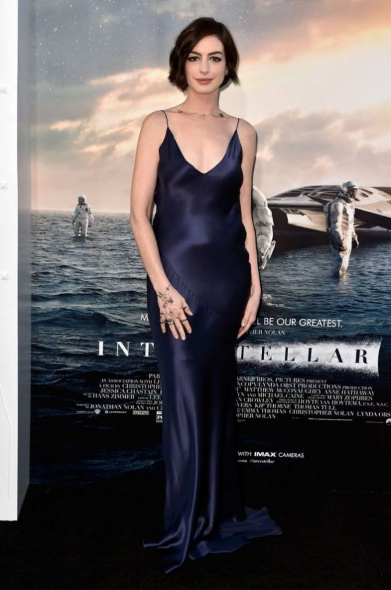 Anne Hathaway Royal Blue Satin Slip Formal Evening Celebrity Dress Int