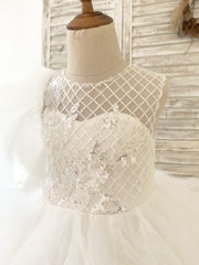 Ivory Check Tulle Ruffle Sleeves Wedding Party Flower Girl