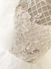 Ivory Check Tulle Ruffle Sleeves Wedding Party Flower Girl