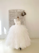 Asymmetrical Ivory Check Tulle Single Sleeve Wedding Party Flower Girl Dress