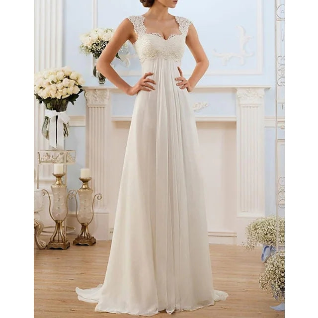 A-Line Sweetheart Empire Sweep Keyhole Ivoire dentelle Chiffon robe de mariée