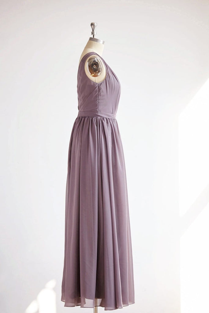 V Back Gray Chiffon Long Wedding Bridesmaid Dress