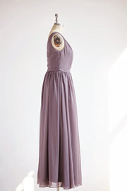 V Back Gray Chiffon Long Wedding Bridesmaid Dress