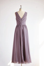 V Back Gray Chiffon Long Wedding Bridesmaid Dress