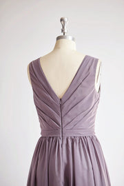 V Back Gray Chiffon Long Wedding Bridesmaid Dress