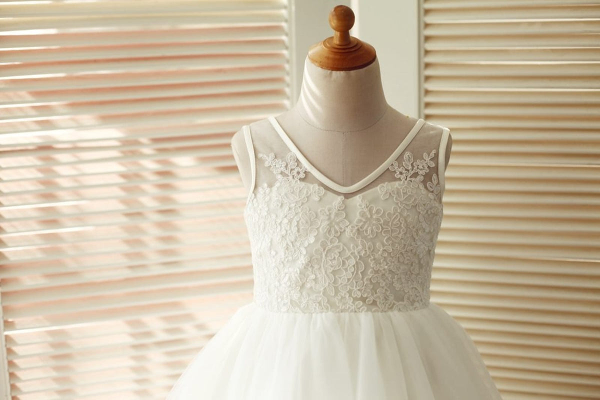 Cross Back Ivory Lace Ruffles Tulle Ball Gown Wedding Flower Girl Dress
