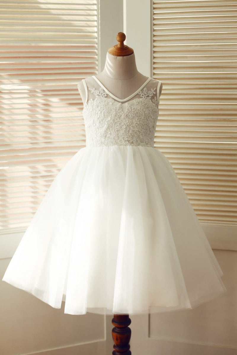 Ivory Cute Lace Tulle Flower Girl Dresses, V-back Cap Sleeve Little Girl Dresses, FG054