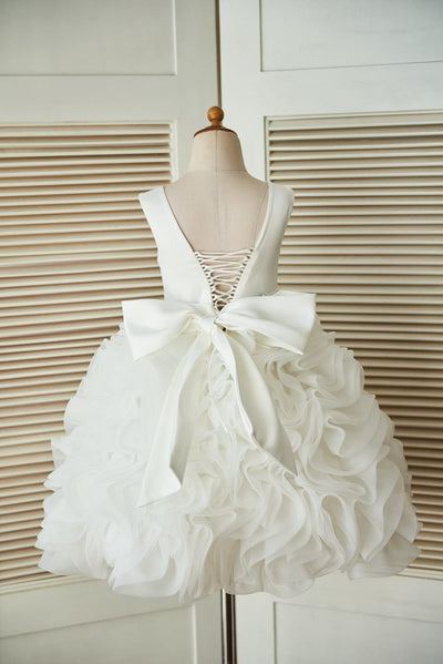 V back Ivory Satin Organza Ball Gown Wedding Flower Girl